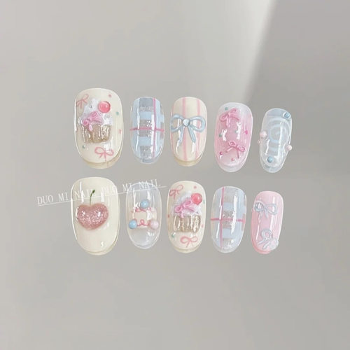 手工穿戴甲多巴胺马卡龙色系腮红樱桃蝴蝶结可爱ins风显白美甲贴