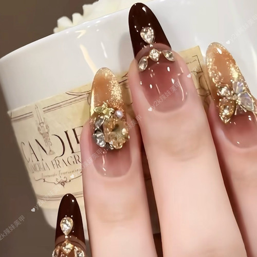纯手工穿戴甲秋冬琥珀法式晕染猫眼蝴蝶气质显白温柔风美甲贴片