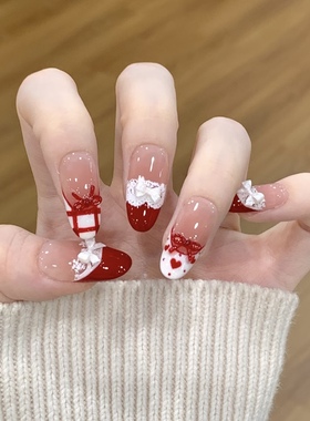 【甜心恋人】圣诞新年手工穿戴甲红色法式波点蕾丝蝴蝶结美甲显白