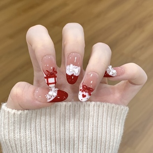 波点蕾丝蝴蝶结美甲显白 圣诞新年手工穿戴甲红色法式 甜心恋人