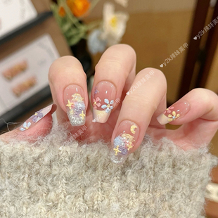 彩虹油画莫奈花园穿戴甲春夏高级猫眼春日小花纯手工ins显白美甲