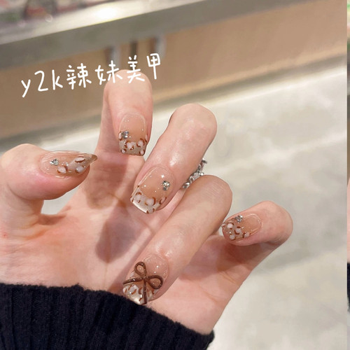 【奶豹】纯手工豹纹猫眼穿戴甲棕色蝴蝶结法式手绘秋冬显白美甲贴