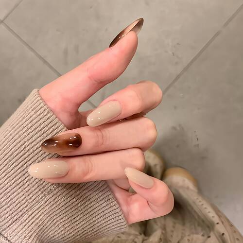 韩系ins风秋日琥珀晕染美拉德风纯手工穿戴甲简约中长款美甲贴片