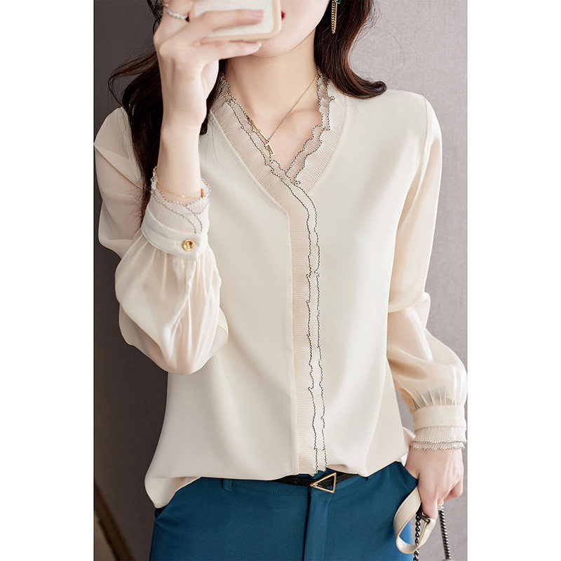 2022气质花边别致V领真丝长袖女士衬衫设计感小众衬衣春雪纺上衣