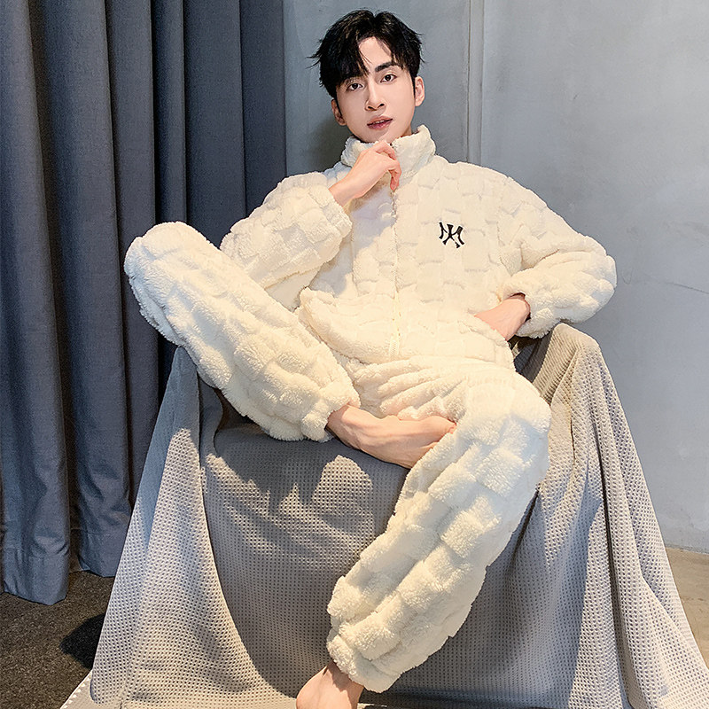珊瑚绒睡衣男士冬季加厚加绒男款秋冬款天青少年可外穿家居服套装