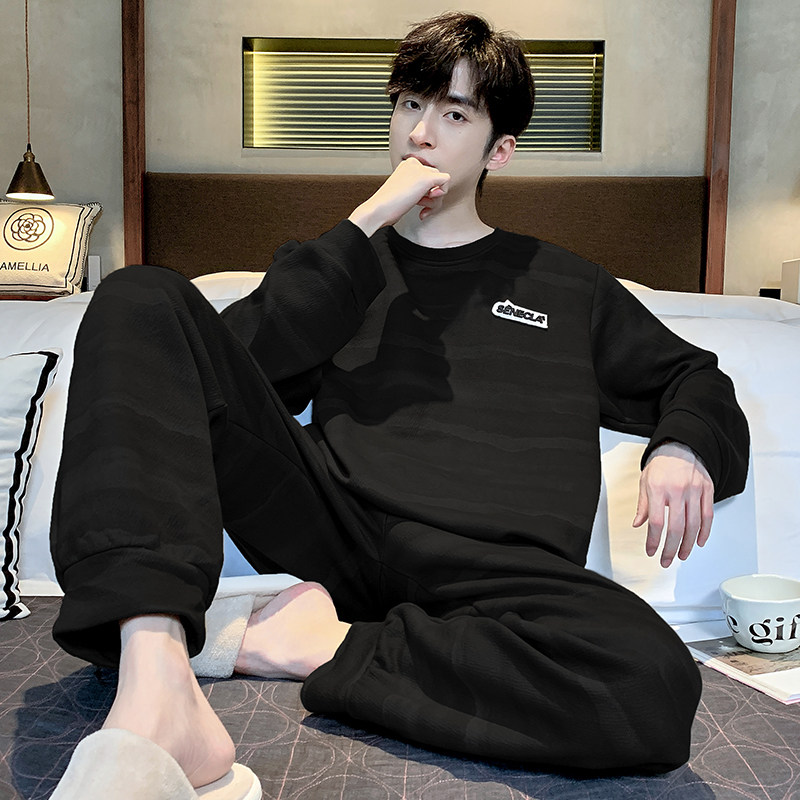 PAJAMAS MENS AUTUMN COTTON LONG SLEEVE YOUTH BLACK PLAID SPRING AND AUTUMN STYLE CAN BE WORN OUTSIDE PLUS SIZE LOUNGEWEAR SET AUTUMN