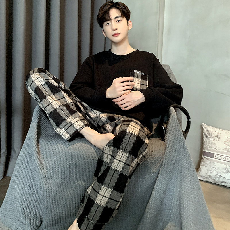 PAJAMAS MENS AUTUMN COTTON LONG SLEEVE YOUTH BLACK PLAID SPRING AND AUTUMN STYLE CAN BE WORN OUTSIDE PLUS SIZE LOUNGEWEAR SET AUTUMN