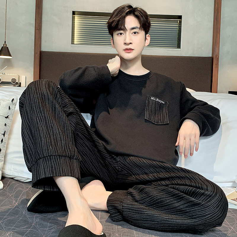 PAJAMAS MENS AUTUMN COTTON LONG SLEEVE YOUTH BLACK PLAID SPRING AND AUTUMN STYLE CAN BE WORN OUTSIDE PLUS SIZE LOUNGEWEAR SET AUTUMN