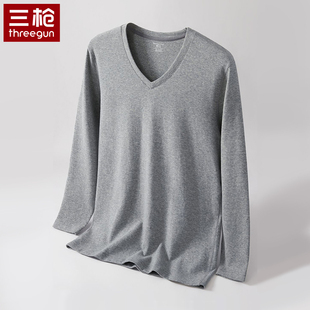 三枪秋衣男款热力弹60支V领打底衫新疆棉毛衫厚男士保暖单件上衣