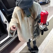 复古米黄色圆领单排扣圈圈羊毛中长款 在韩千金 大衣外套