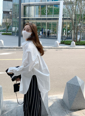 大廓型基础版高开叉大领子~男友风宽松白色长袖设计感小众衬衫女