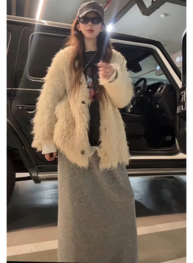“圣诞新年贵气千金”特殊工艺羊毛拉毛！很像皮草的大毛外套