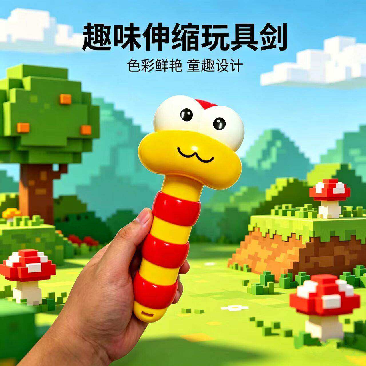 像素风萌蛇伸缩剑儿童趣味玩具一甩变长亲子互动解压男孩礼物