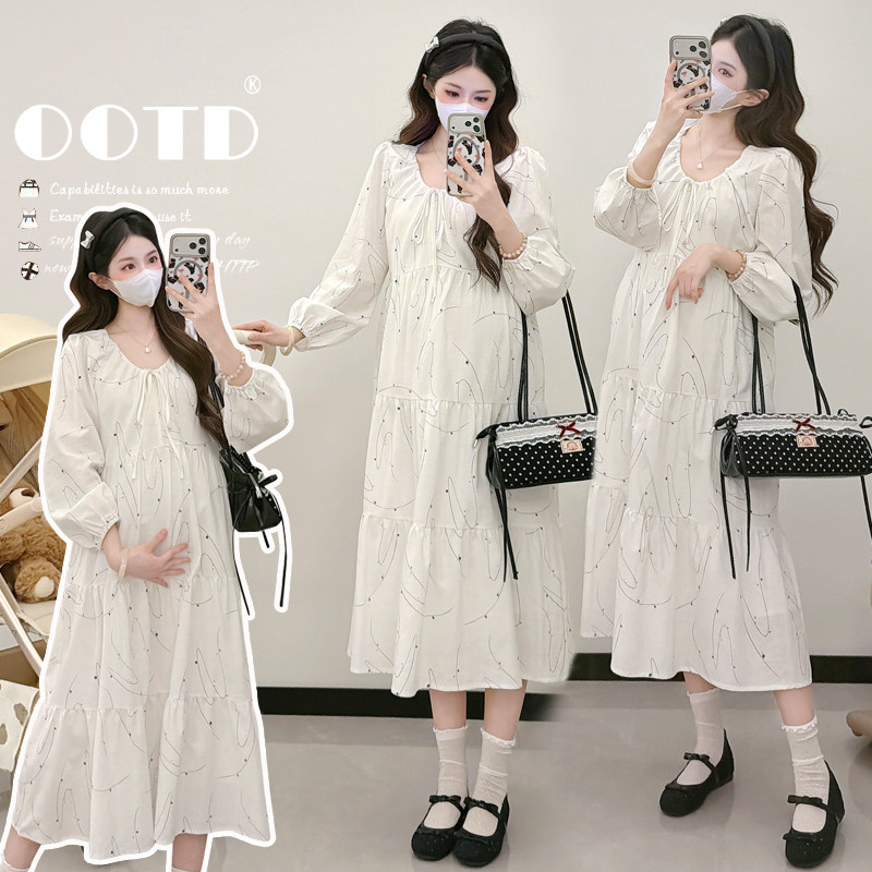 春装新款长袖连衣裙春秋孕妇装简约休闲宽松显瘦系带中长款白裙子