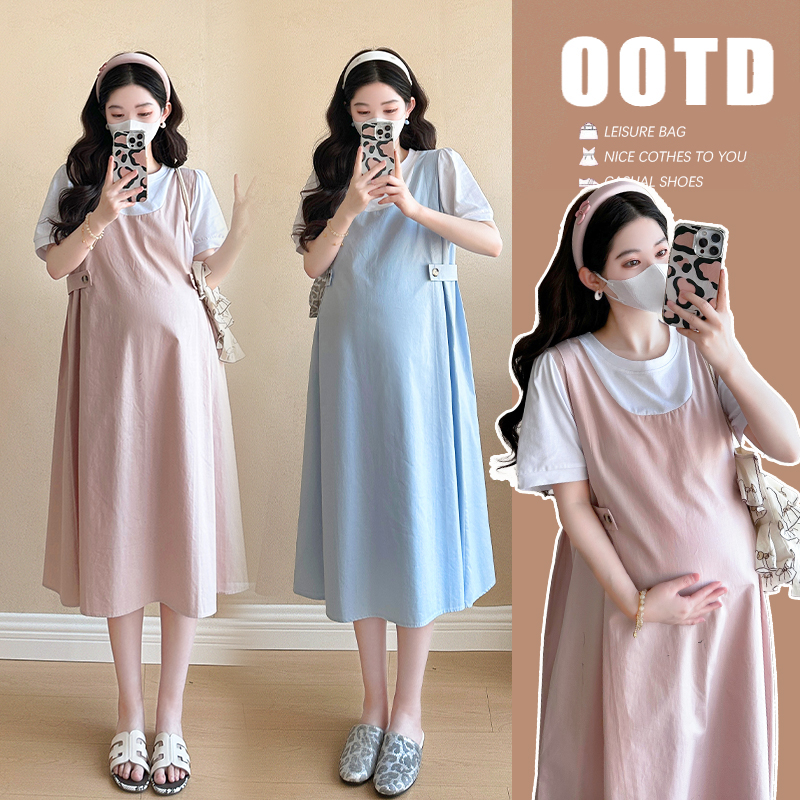 孕妇装夏季新款时尚宽松遮肚拼接纯棉假两件短袖中长款孕妇连衣裙
