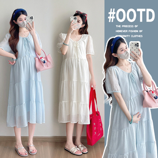 孕妇装夏装新款雪纺裙夏天小清新圆领宽松大码中长款连衣裙短袖裙