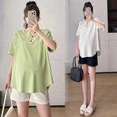 T恤女大码 孕妇上衣夏季 潮妈纯棉彩扣绣花V领设计感短袖 时尚 新款