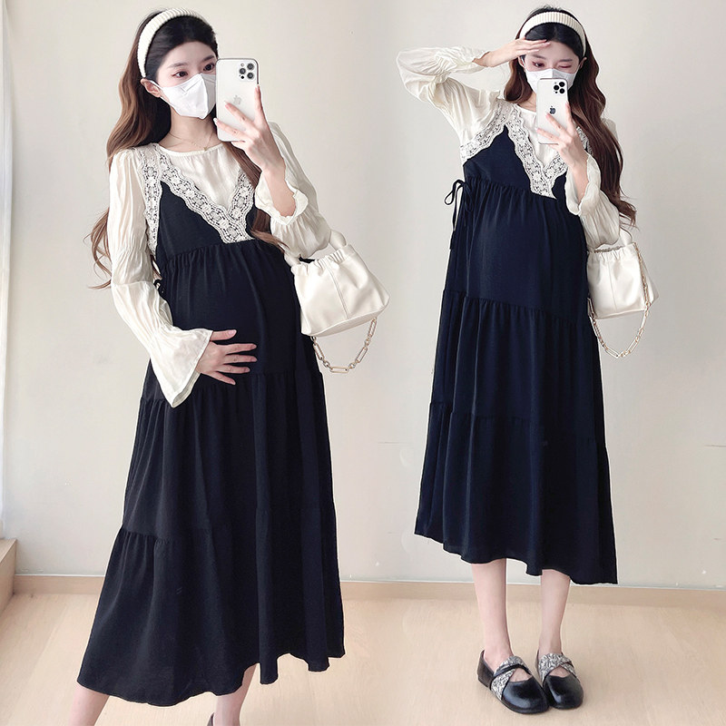 孕妇装春装新款假两件蕾丝边减龄显瘦抽绳可调宽松过膝气质连衣裙