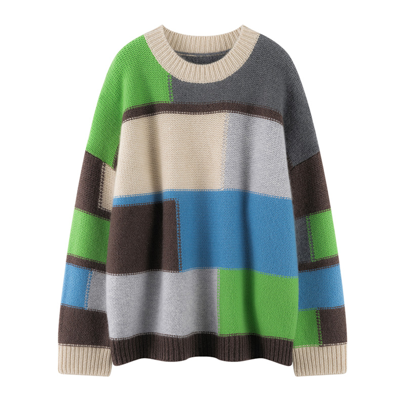 羊绒衫女100纯羊绒圆领不规则拼色针织打底宽松秋冬加厚撞色毛衣