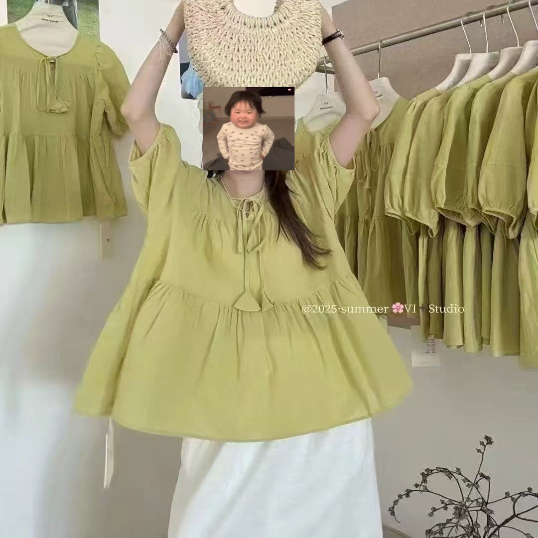 大码夏季新款韩版时尚百搭显瘦圆领短袖系带衬衫女设计感小众上衣