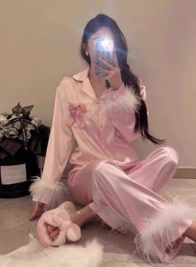 晚安公主【芭比甜心】缎面鸵鸟毛睡衣高级感家居服毛边套装蝴蝶结