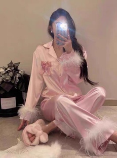 晚安公主【芭比甜心】缎面鸵鸟毛睡衣高级感家居服毛边套装蝴蝶结