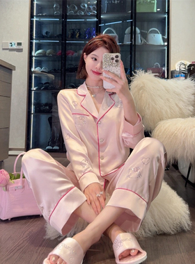 冰丝睡衣女高级感烫钻可爱KT猫咪睡衣女 夏季可外穿家居服套装