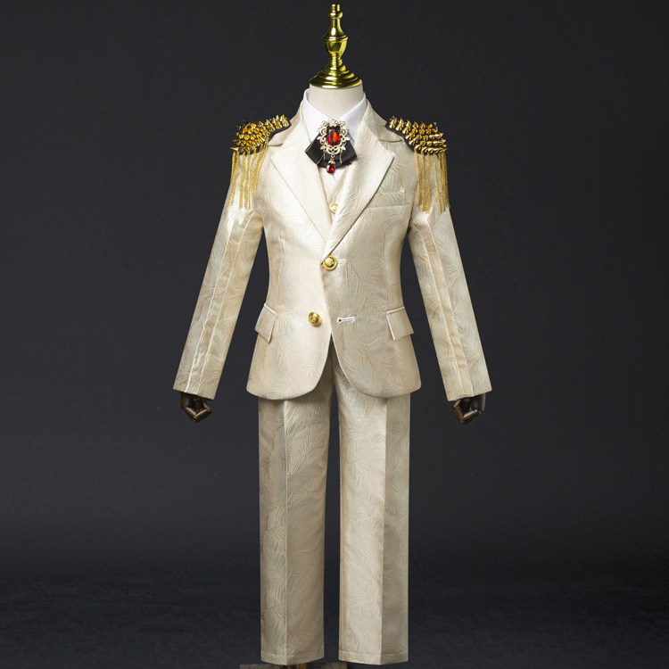 儿童西装套装高端男童模特走秀礼服男孩主持人钢琴香槟色演出服