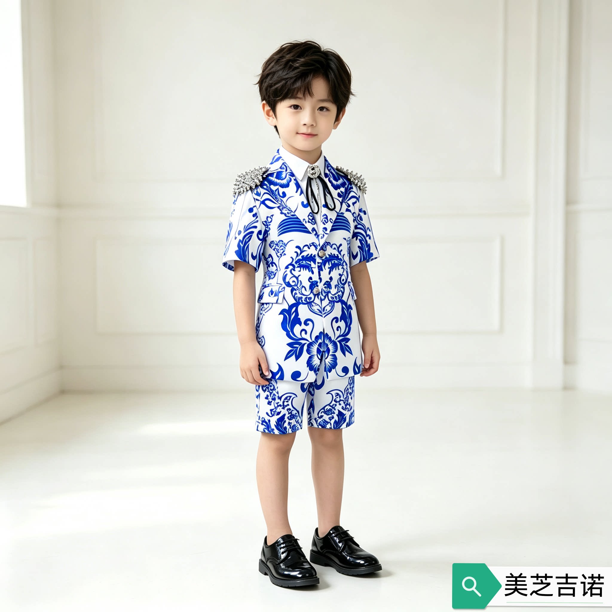 美芝吉诺男童礼服西装儿童演出服青花瓷礼服模特创意走秀唱歌