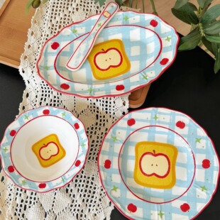 韩国可爱红苹果吐司餐盘陶瓷餐具套装早餐盘椭圆盘甜品盘酸奶碗