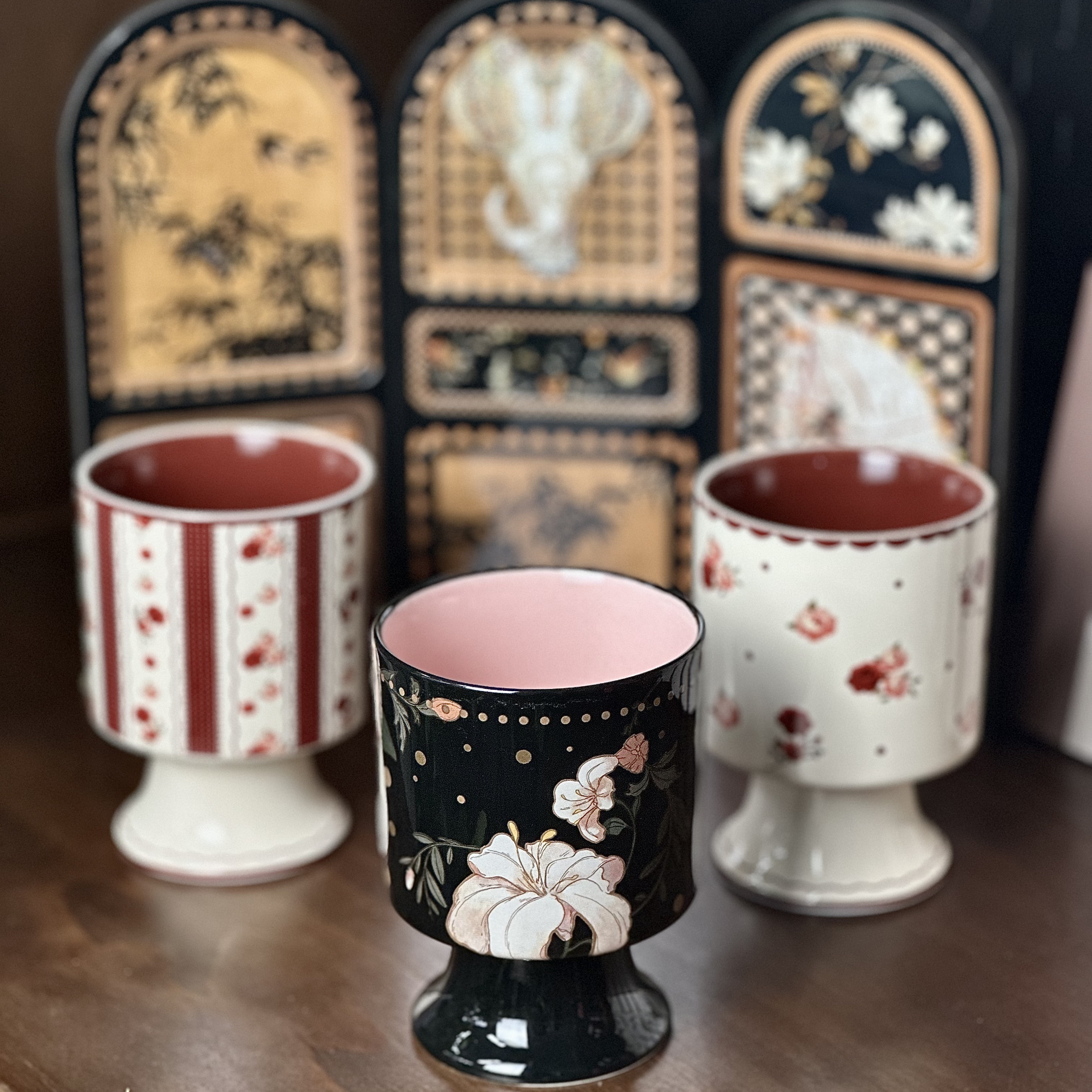 复古百合花卉陶瓷高脚杯咖啡杯