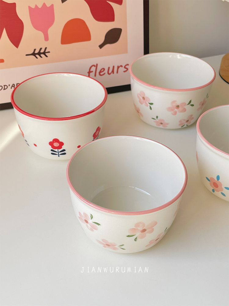 见物如面小清新花朵米饭碗粉色红色花朵家用可爱吃饭陶瓷碗