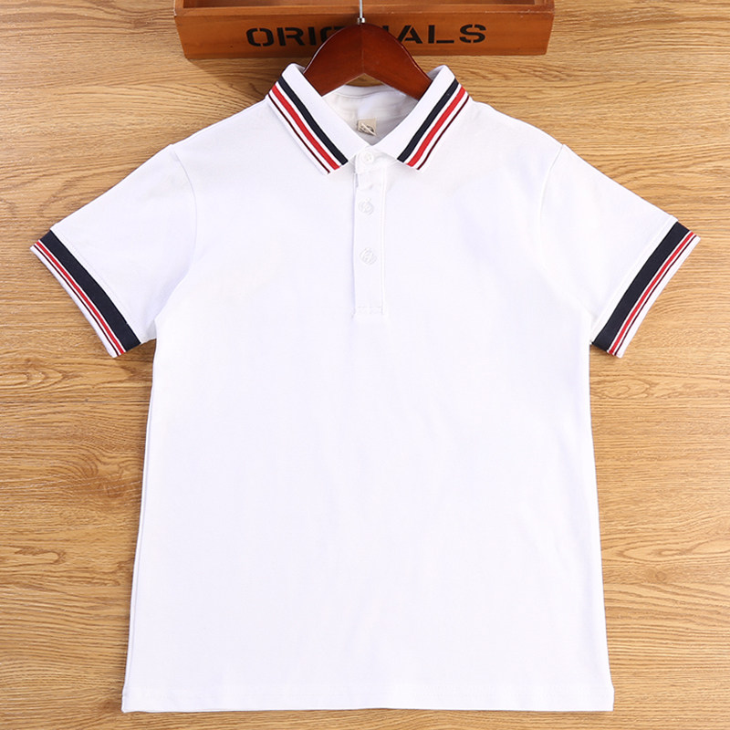 儿童校服短袖polo衫男女童纯棉白色红色杠条中小学生班服半袖T恤