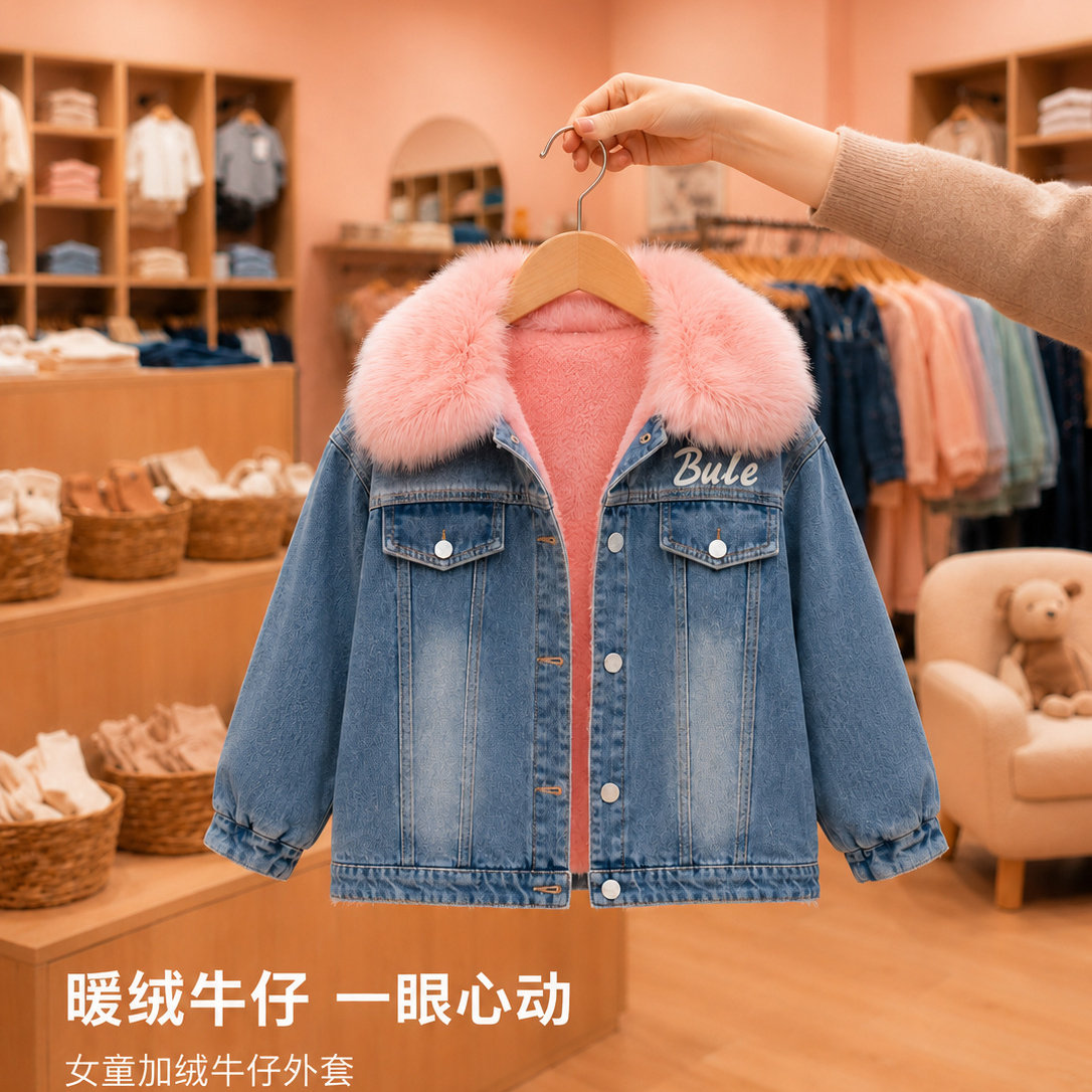 女童加绒牛仔外套秋冬装2026新款图片