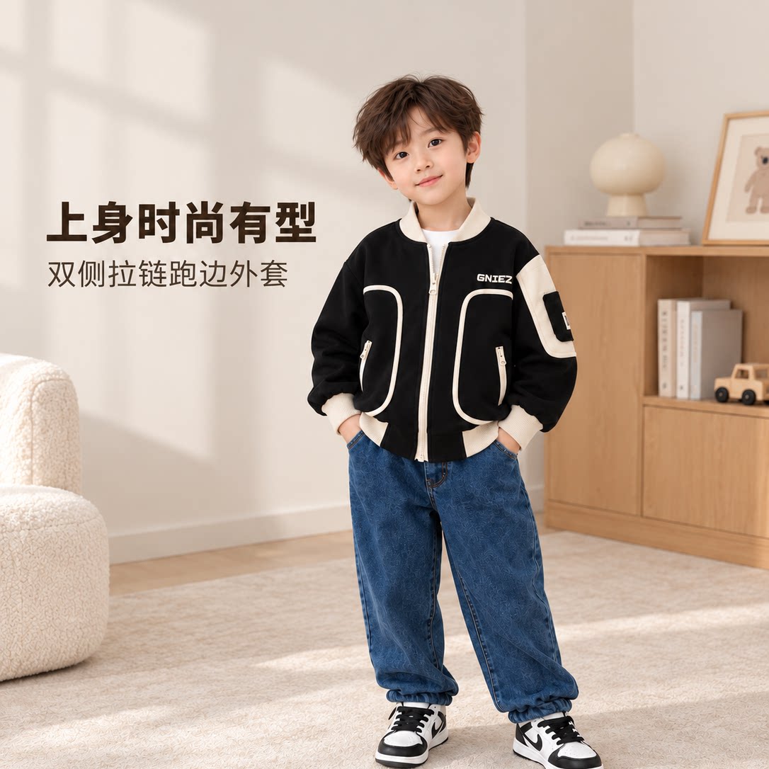2026新款儿童外套简约风双拉链撞色外套儿童男女通用棒球服时髦春