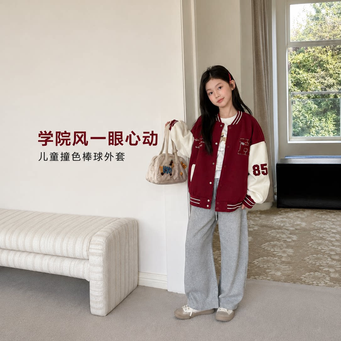 女童棒球服春季新款中大童刺绣夹克衫韩系撞色春秋外套时髦
