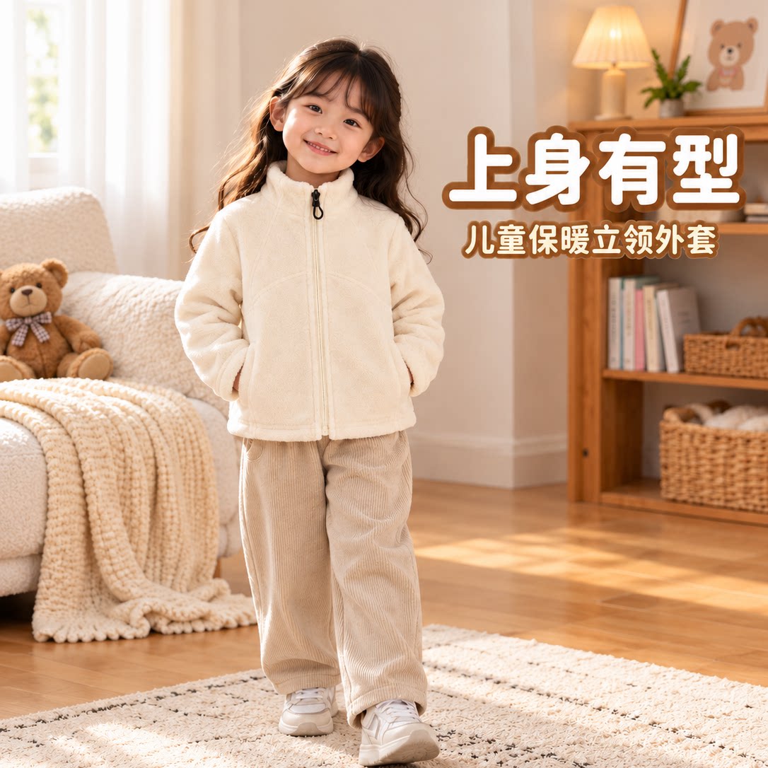 2026新款儿童外套儿童保暖立领外套男女童简约风拉链开衫米色居家