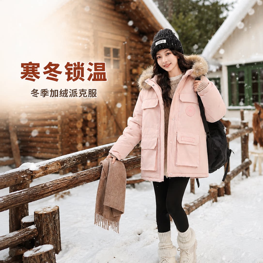 女童棉衣外套冬装2025新款中大童加棉加绒保暖派克服洋气连帽棉服