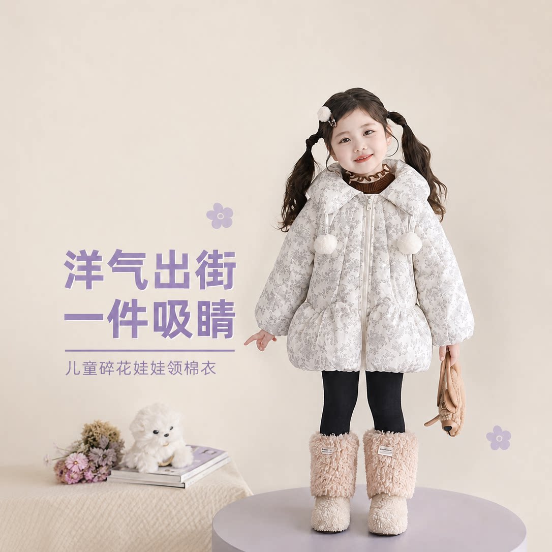 女童碎花毛球棉服2025新款冬季加厚保暖女宝宝中长款时尚棉衣外套