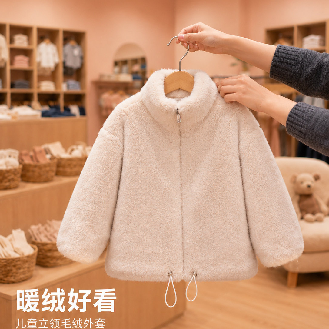 韩系男童外套冬季仿水貂皮毛一体立领宽松厚上衣女童儿童皮草大衣