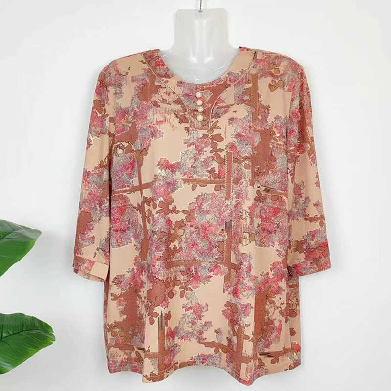 上衣冰絲寬松媽媽裝七分袖大碼