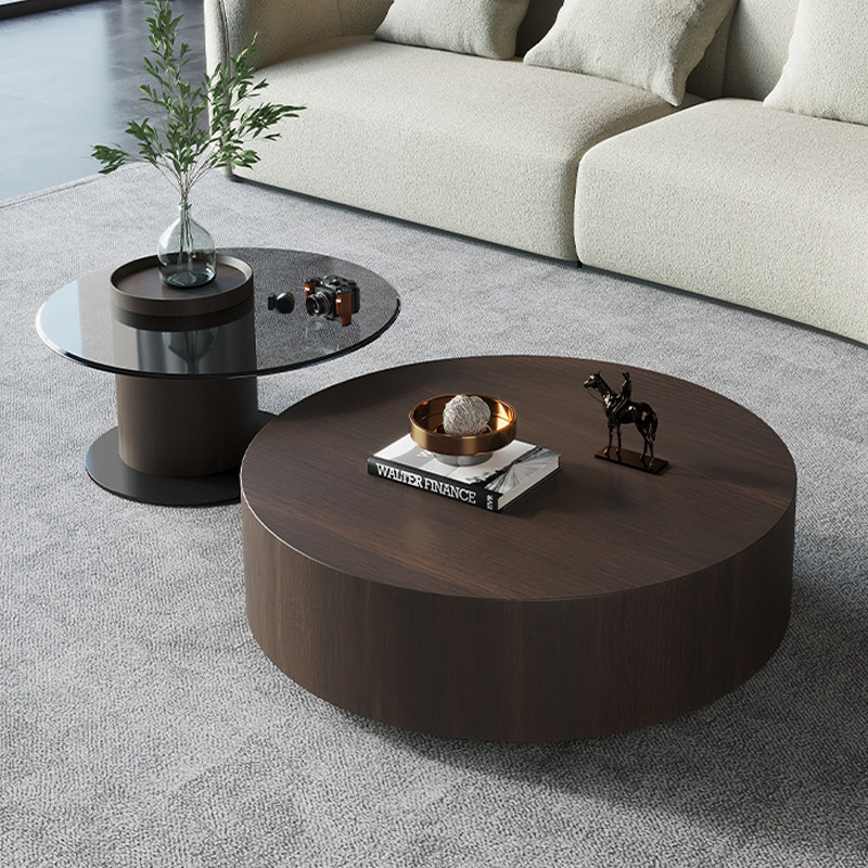 意式极简圆形大小茶几组合天然烟熏木饰面北欧现代侘寂风客厅家用