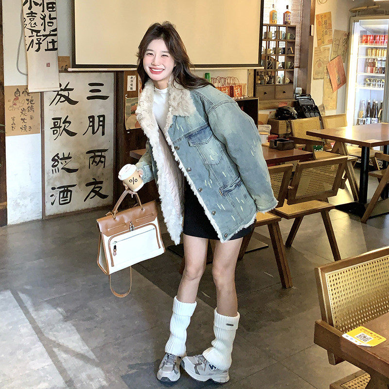 新款大货 韩系加厚羊羔毛90羽绒服牛仔外套C189-8855-P305-K458图片