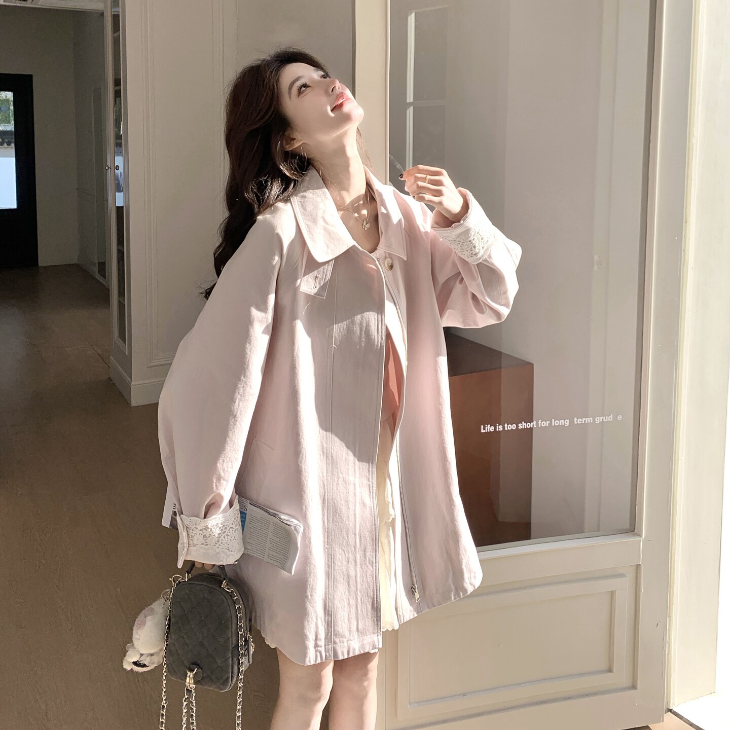 新款 现 货 粉色甜美蕾丝袖口风衣外套 2C189-2608-P165-K268图片
