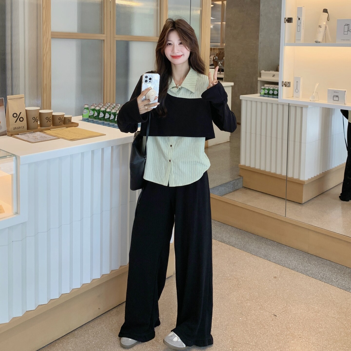 现货数据好韩系假两件拼接衬衫阔腿裤套装C189-8302-P175-K258,女装套装/套裙,2C189