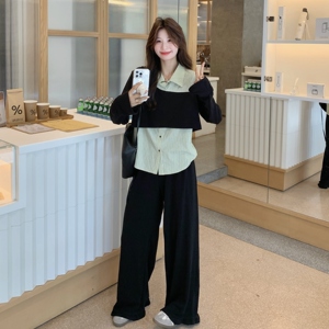 现 货 数据好 韩系假两件拼接衬衫阔腿裤套装C189-8302-P175-K258图片