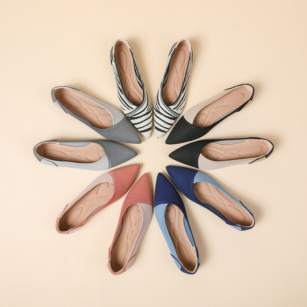 拼色单鞋女2025新款尖头豆豆鞋针织平底鞋休闲软底孕妇飞织蛋卷鞋,女鞋,时尚休闲鞋,淘宝优惠券,粉丝福利购,淘宝优惠卷