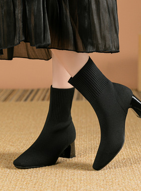 F550弹力粗跟瘦瘦靴子针织袜靴黑色方头高跟鞋短靴女秋冬季新款
