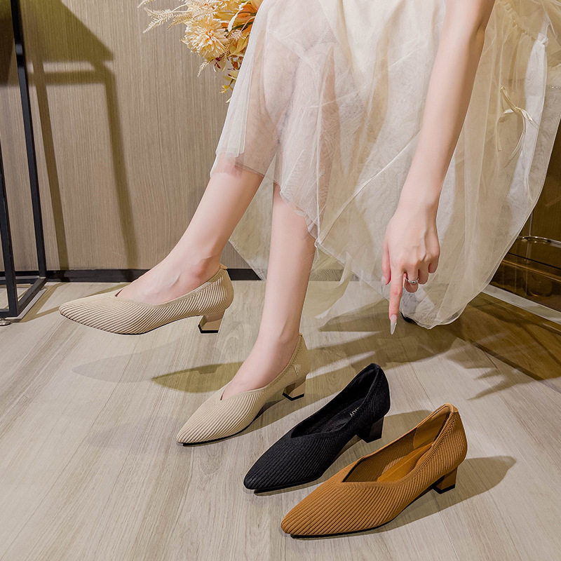 飞织鞋单鞋女2024新款日系王妃鞋同款粗跟尖头浅口春秋针织编织鞋,女鞋,浅口单鞋,淘宝优惠券,粉丝福利购,淘宝优惠卷