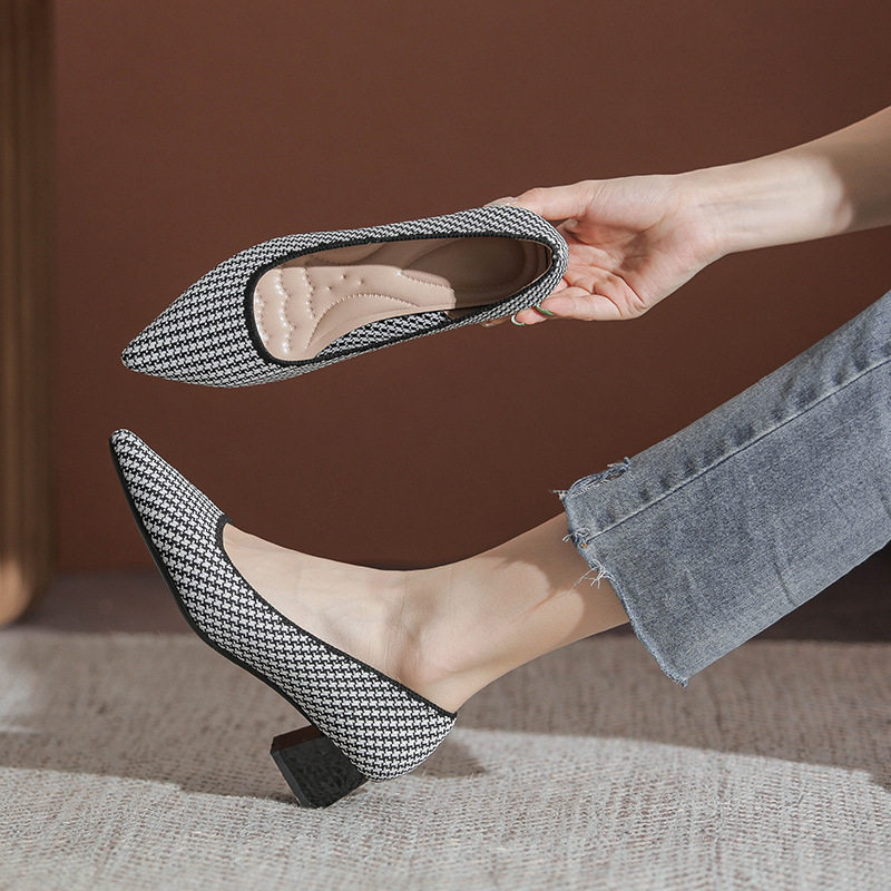 日系王妃鞋2022春秋新款透气粗跟飞织鞋一脚蹬百搭千鸟格编织单鞋,女鞋,浅口单鞋,淘宝优惠券,粉丝福利购,淘宝优惠卷
